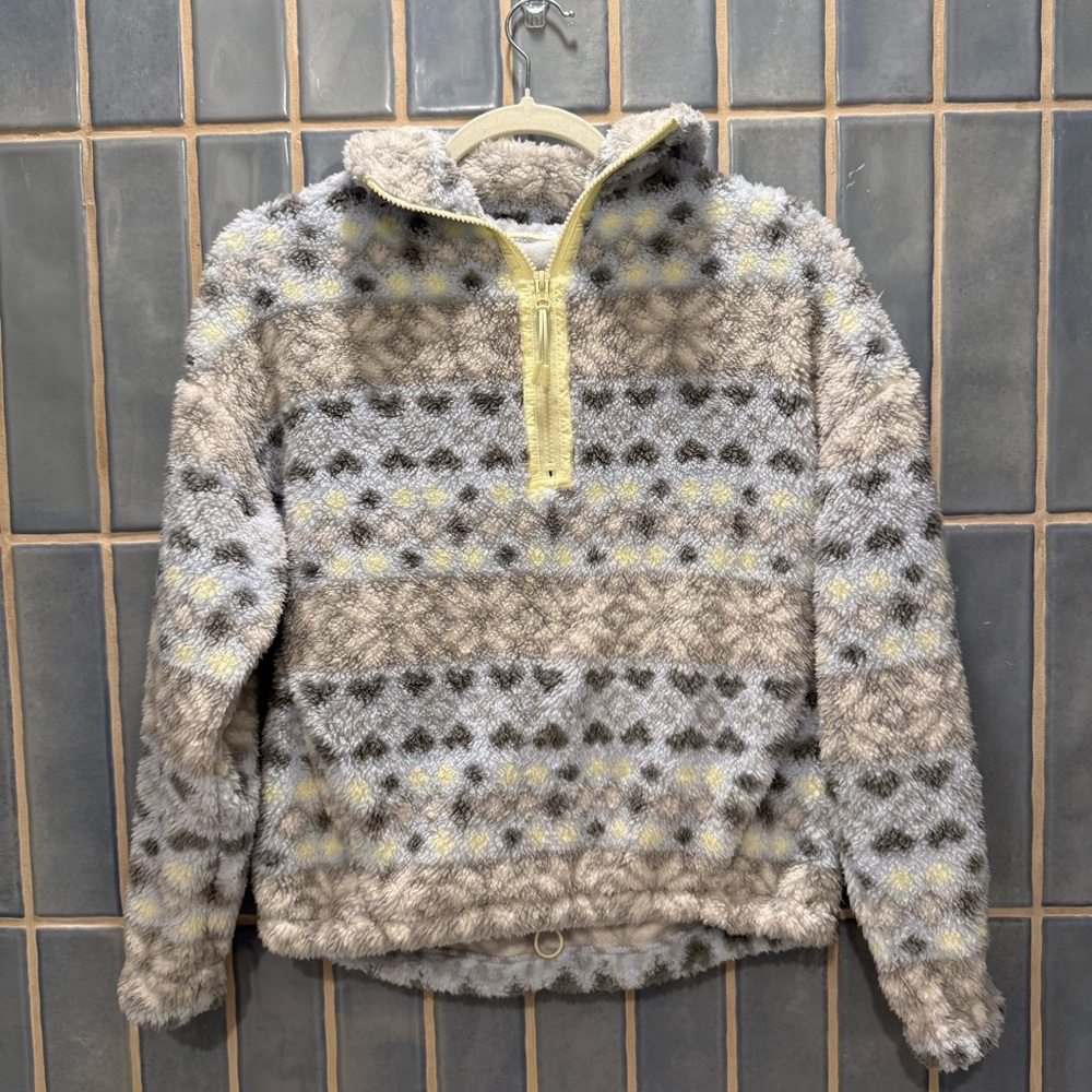 Cozy Zip-Up Sherpa Pullover Sweater - Gray, Cream & Yellow